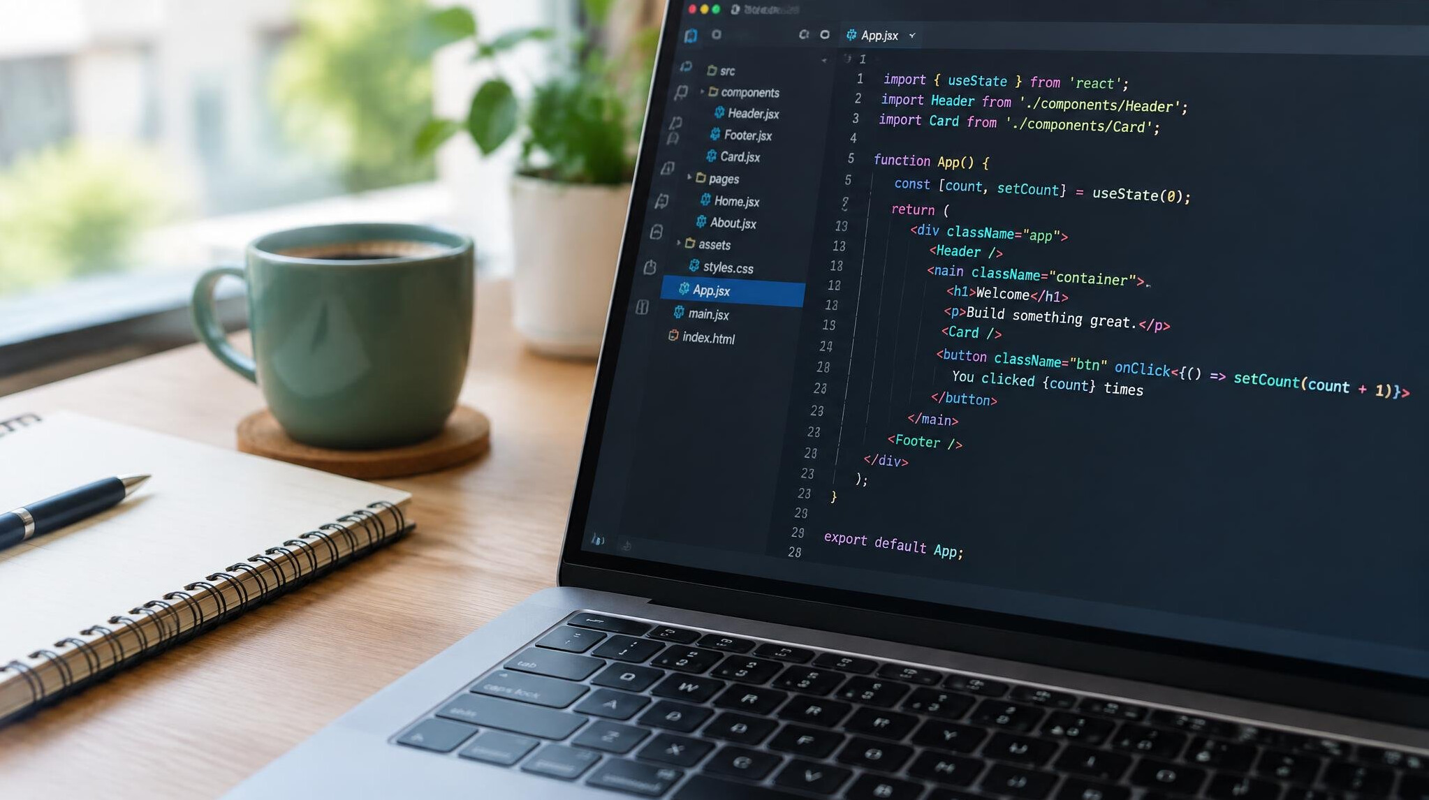 Laptop screen displaying a colourful web development code editor